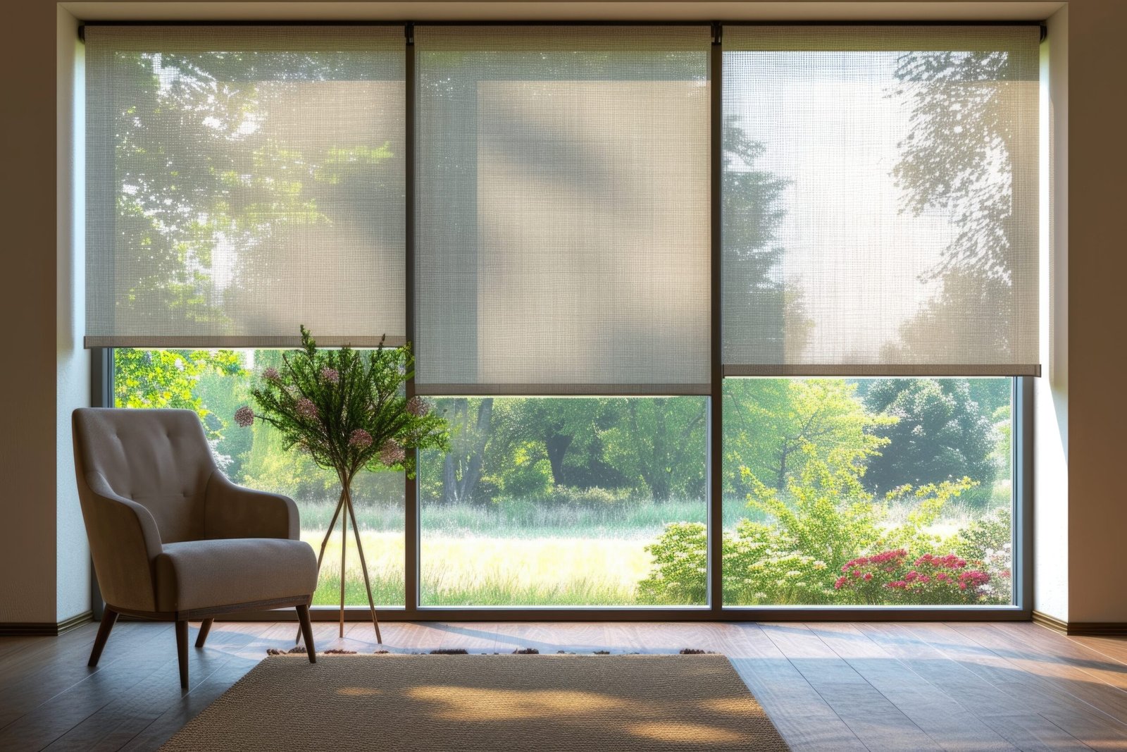 large-roller-blinds-with-linen-texture-automatic-solar-shades-chair-by-window-with-garden-view